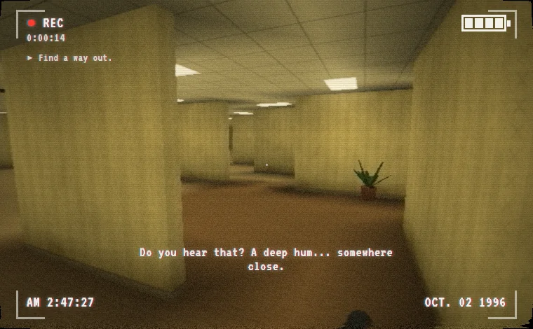 A still from the game, framed like an old home video: empty yellow-walled rooms under rows of ceiling lights, a potted plant in a doorway, and the caption: Do you hear that? A deep hum... somewhere close.